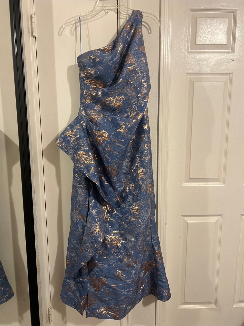 Teri Jon One-Shoulder Blue Dress with Gold Foil Accents